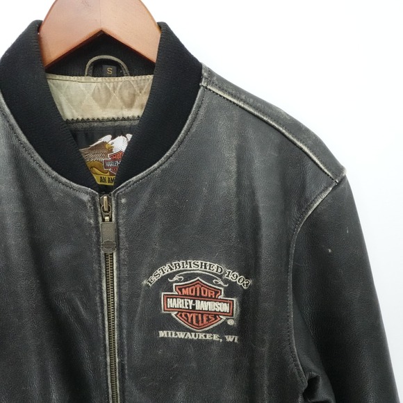 VTG Harley Davidson Leather Jacket Mens S Black Bomber Embroidered Patina - Picture 7 of 16